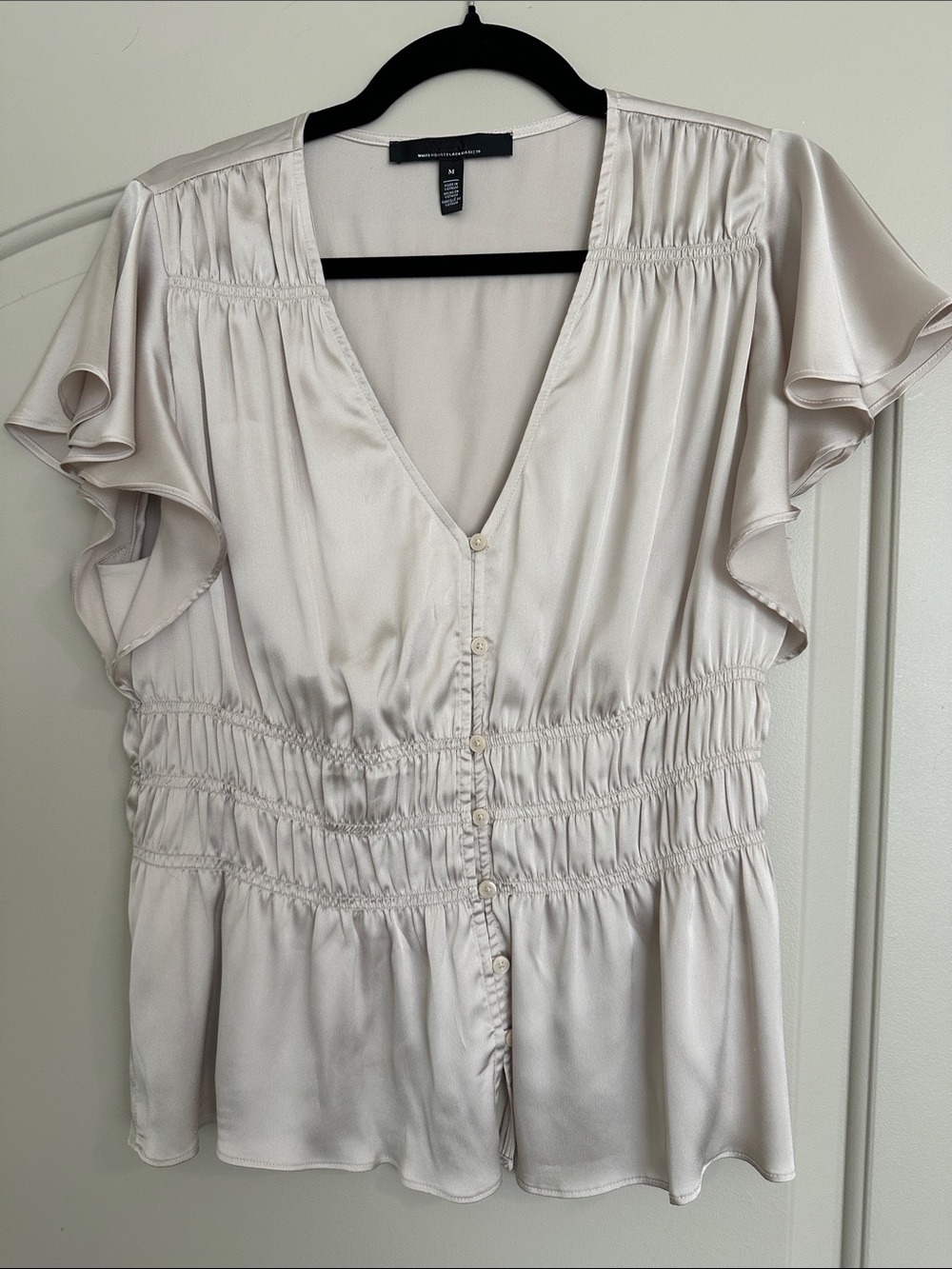 White House Black Market Satin V-Neck Smocked Waist Blouse - Cream